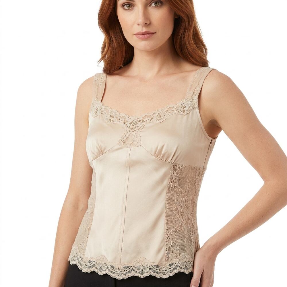 ECI New York Silk Blend Beige Lace Lined Tank Women Size 10